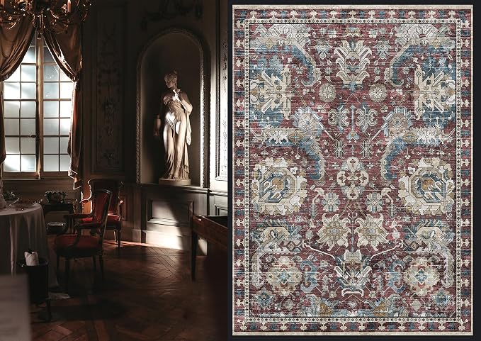 Washable Area Rugs - Perfect for Living Room, Bedroom, Kids Room, Nursery - Stain & Water Resistant Non-Slip, Pet & Child Friendly, Vintage Tribal Area Rugs (Rust and Blue, 5' x 7')