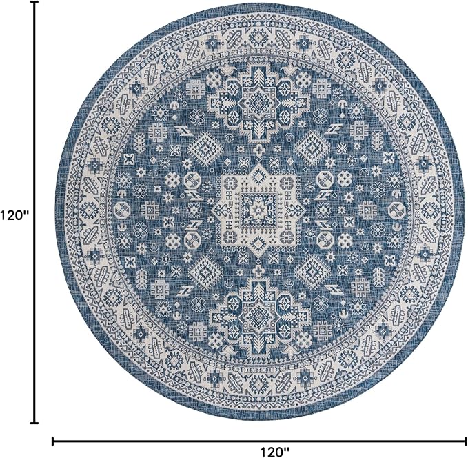 Unique Loom Outdoor Aztec Collection Area Rug - Chalca (10' Round, Blue/ Ivory)