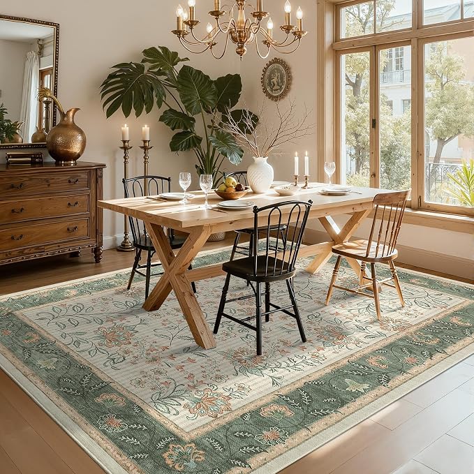 GarveeHome 8x10 Sage Green Washable Area Rug Living Room Bedroom Non Slip | Botanical Floral Print Rug Soft Floor Mat Carpet Indoor Thin Cottage core Rug for Dining Room Playroom Nursery Room