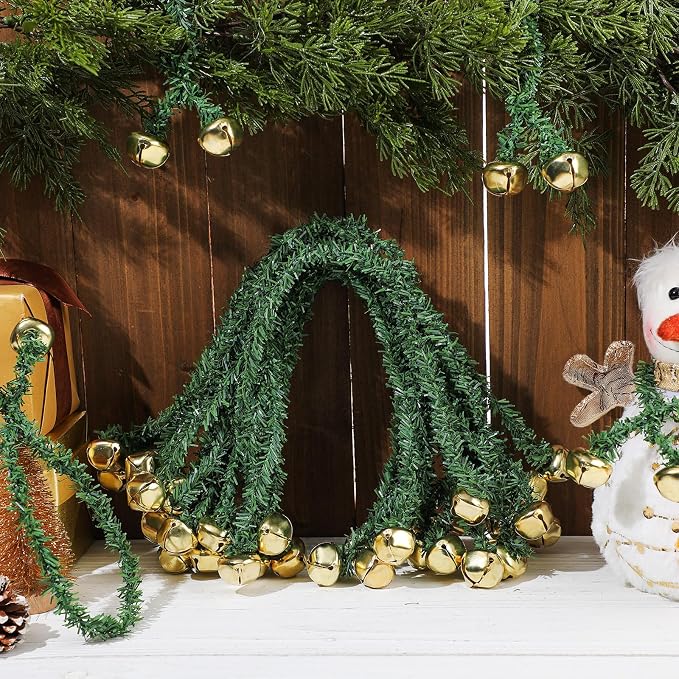 50 Pcs 20 Inches Christmas Garland Ties with Bells Decorative Twist Ties Garland Hanger for Banister Stairs Railing Garden Reusable Flexible Twist for Xmas Holiday Decorations (Gold)