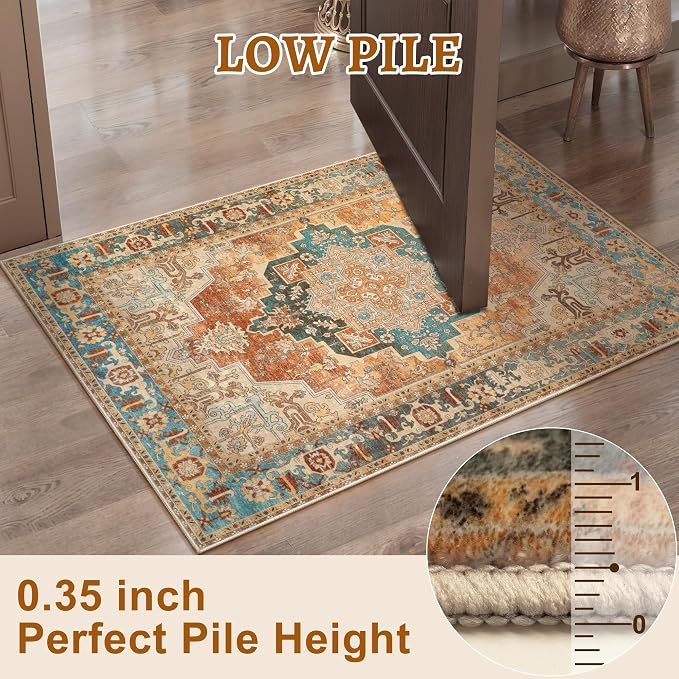 Tangsoo Oriental 3x5 Rug, Washable Non Slip Accent Rugs for Entryway Orange | Vintage Print Indoor Carpet, Boho Soft Low Pile 3x5 Area Rugs for Living Room Dorm Bedroom Bathroom Entrance Home Decor