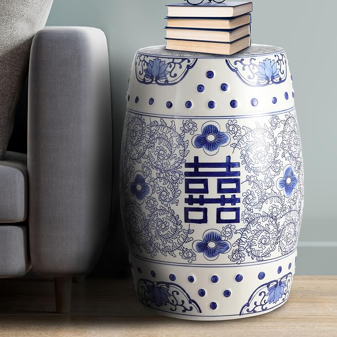 JONATHAN Y Double Happiness 18" Ceramic Garden Stool, Traditional Chinoiserie Blue and White Indoor/Outdoor Patio Drum Accent Side Table and Plant Stand TBL1013A