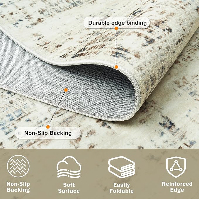 10x14 Washable Area Rug for Living Room Bedroom: Non-Slip Modern Gray White | Machine Washable TPR Backing, Stain-Resistant Low Pile, Pet & Kid Friendly, Abstract Decor for Dining Room, Dorm, Home Office