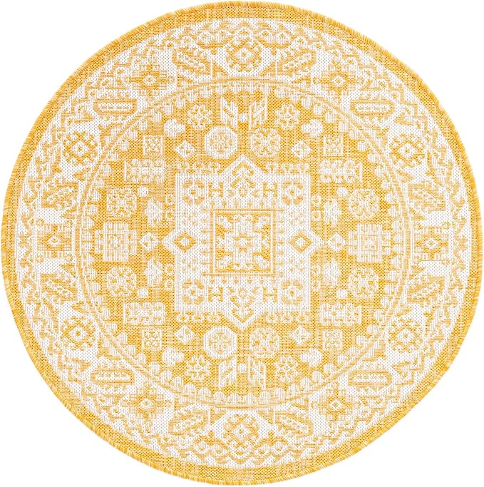 Unique Loom Outdoor Aztec Collection Area Rug - Chalca (3' 3" Round, Yellow/ Ivory)