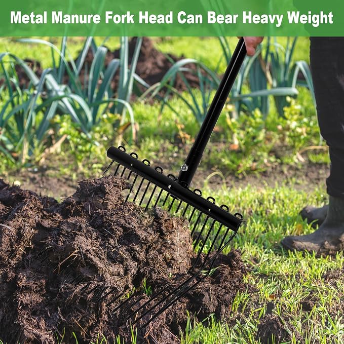 lukar 2 Sets Metal Manure Fork with Long Metal Handle, 18 Tines Manure Fork Head Horse Manure Rake, Heavy Duty Gardening Muck Rake for Picking Up Manure, Grass and Hay