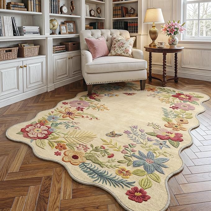 FMFUNCTEX 3x5 Washable Beige Floral Vintage Scalloped Area Rug for Entryway | Flower Colorful Traditional Boho Non Slip Low Pile Pattern Indoor Carpet Entrance Soft Rug Living Room Bedroom Kitchen Office