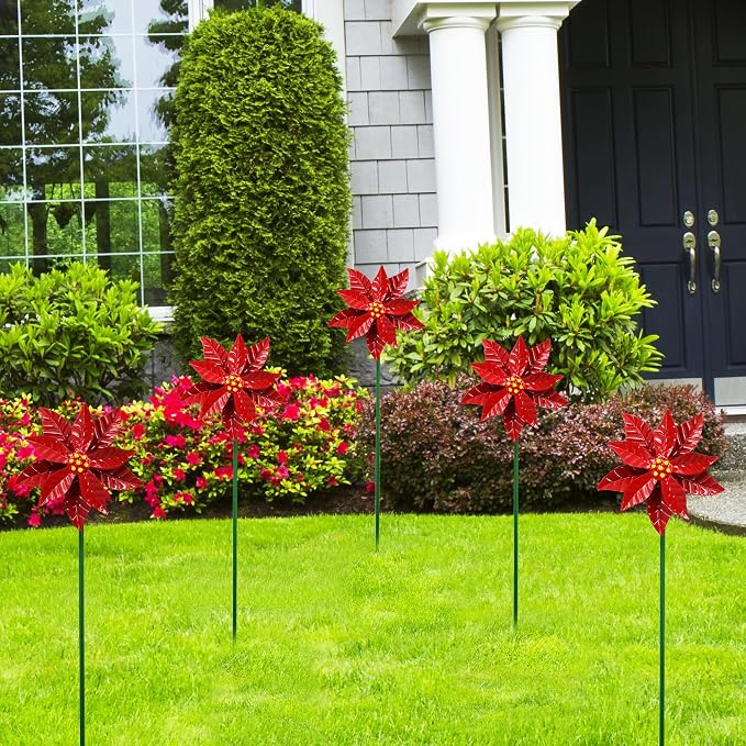 Metal Flowers Wind Spinner Garden Lawn Stakes Yard Art Poinsettia Windmill | 27 Inch Handicraft Lawn Decorations, 5 Pieces Christmas Star Stake, Metal Yard Art Outdoor Mother's Day Decoration Gift