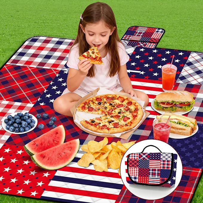 Poedist Extra Large Patriotic Picnic Blanket Waterproof,80"x 80"Foldable Machine Washable Beach Blanket,Outdoor Blanket for 6-8 Adults,Suitable for Indoor Crawling,Park,Camping,Hiking,Family Travel