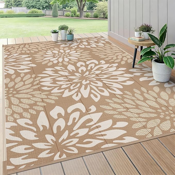 HEBE Waterproof Outdoor Rug 5x8 for Patios, Floral Reversible Plastic Straw Rug Patio Mat, Indoor Outdoor Carpet RV Mat Camping Rug for Deck, Camper, Porch, Balcony, Backyard, Picnic