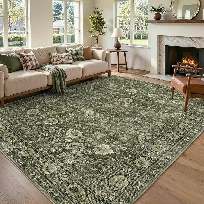 6x9 Ft Large Area Rugs for Living Room, Soft Non-Slip Machine Washable Rug, Vintage Stain Resistant Carpets for Bedroom Nursery Dining Room Home Decor (Green)