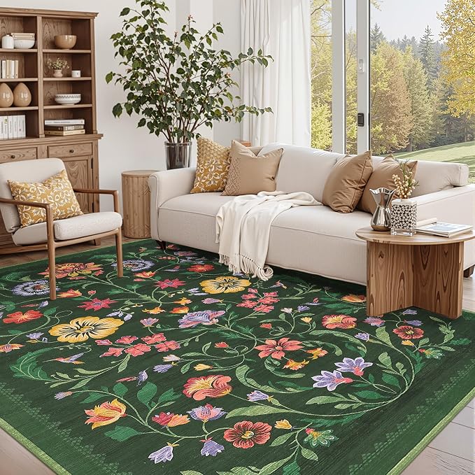 Washable Rug 8x10 Area Rugs for Living Room, Protea Floral Rug for Bedroom, Soft Vintage Non Slip Throw Rugs with Rubber Back, Low Pile Stain Resistant Boho Floral Carpet for Dining Room, Forest Green