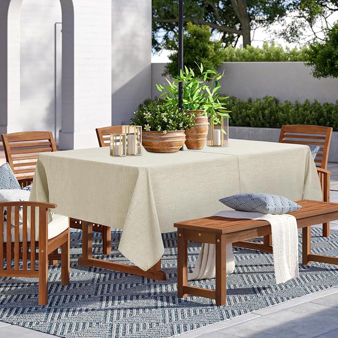 LUSHVIDA Outdoor Tablecloth with Umbrella Hole - Patio Table Cloth Zippered Rectangle 60x120 Inch, Beige Linen-Look Polyester Table Cover Water Resistant for Picnic Outside
