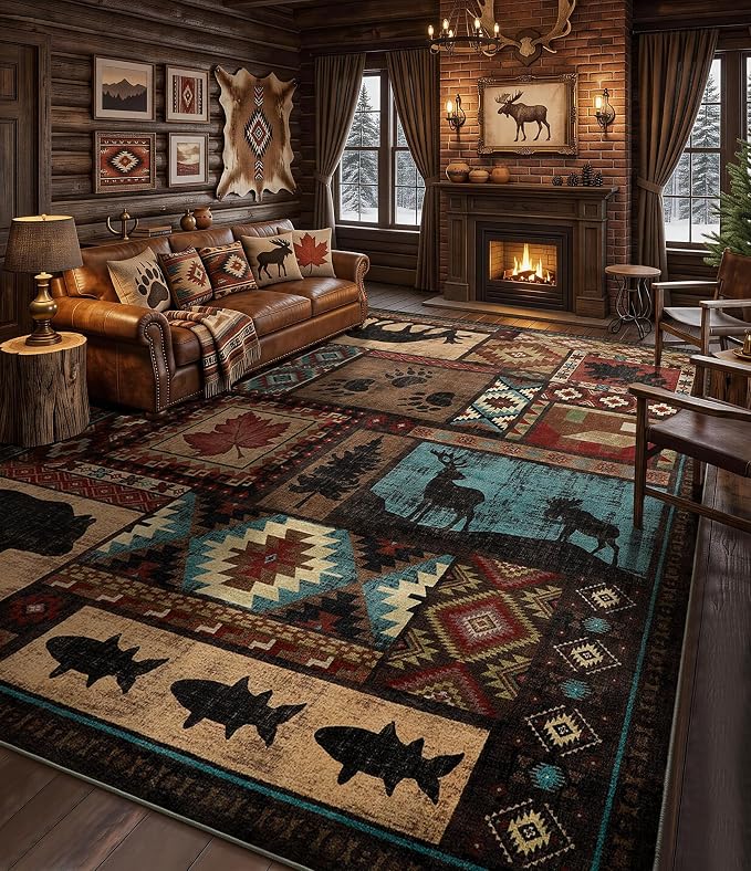 YIHOUSE Rustic Cabin Rugs for Living Room 9x12, Wildlife Bear & Deer Area Rug, Washable Southwestern Lodge Large Area Rug