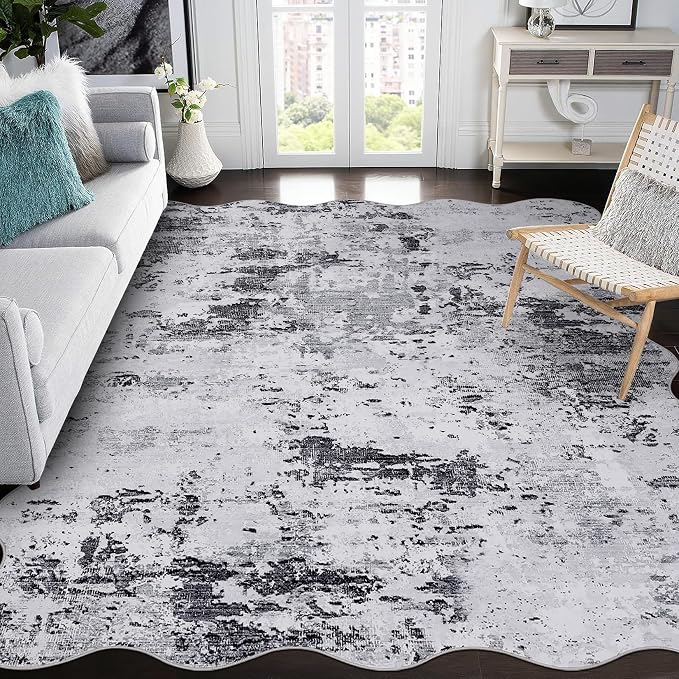 ROYHOME 5x7 Modern Abstract Scalloped Area Rugs Faux Wool Rug, Grey | Ultra-Soft Low Pile Stain Resistant Machine Washable Carpet for Bedroom with Non Slip Backing