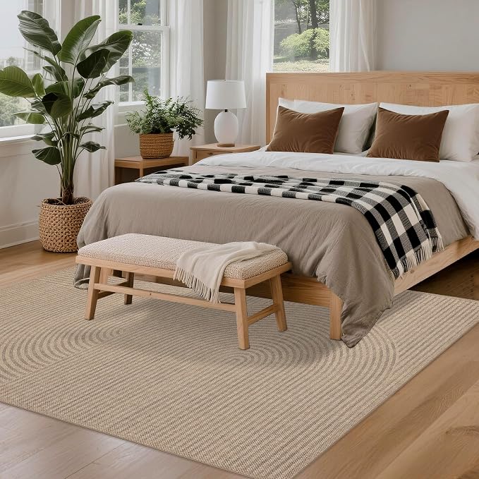 Easy Jute Rug 5x7 Outdoor: Natural Area Rugs for Patio Linen-Look Fabric Durable - Washable Carpet for Living Room Bedroom - Swirl Curved Pattern