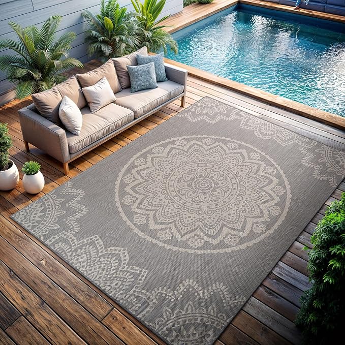 CAMILSON Outdoor Rug 10x14 Modern Area Rugs for Large Indoor and Outdoor Patios and Porches - Waterproof Washable Non-Shedding Easy-to-Clean Outside Carpet (10 x 14, Medallion - Grey/White)