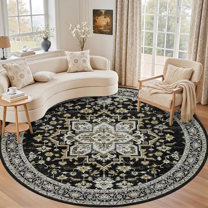 Round Area Rug for Living Room: 4ft Boho Washable Rug Black Gold | Vintage Boho Soft Round Rug Indoor Floor No Slip Carpet Stain Resistant Rugs for Bedroom Dining Room Nursery Home Office