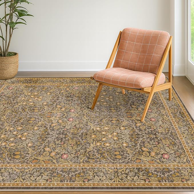 Vintage Brown 4x6 Area Rugs for Large Entryway, Bedroom Beside Rug, Kitchen, Mudroom, Non-Slip Low Pile Ultra Soft Stain Resistant Small Floral Carpet