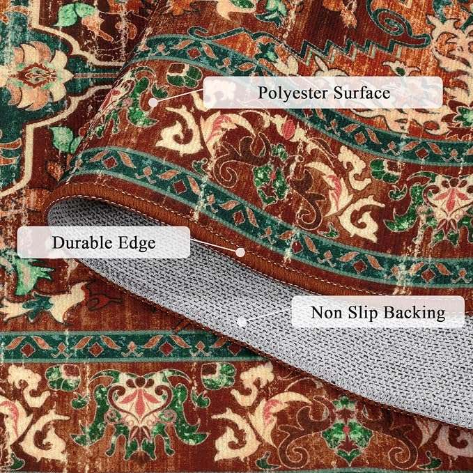 U'Artlines 2' x 6' Boho Hallway Runner Rug, Washable Carpet, Rust＆Teal | Non Slip, Vintage Farmhouse Accent Area Rug Carpet, for Kitchen Entryway Laundry and Living Room