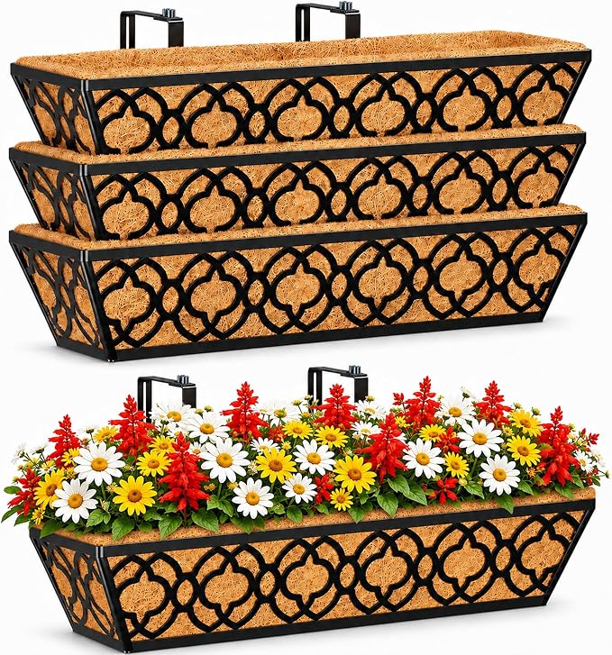 HFHOME 24 Inch Deck Railing Planter Box with Horse Trough Coco Liner, 24" Window Boxes with Coconut Coir Liner, Black Metal Hanging Flower Planter Basket for Outdoor Indoor Lawn - 4 Pack