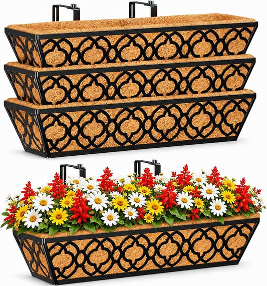 HFHOME 24 Inch Deck Railing Planter Box with Horse Trough Coco Liner, 24" Window Boxes with Coconut Coir Liner, Black Metal Hanging Flower Planter Basket for Outdoor Indoor Lawn - 4 Pack