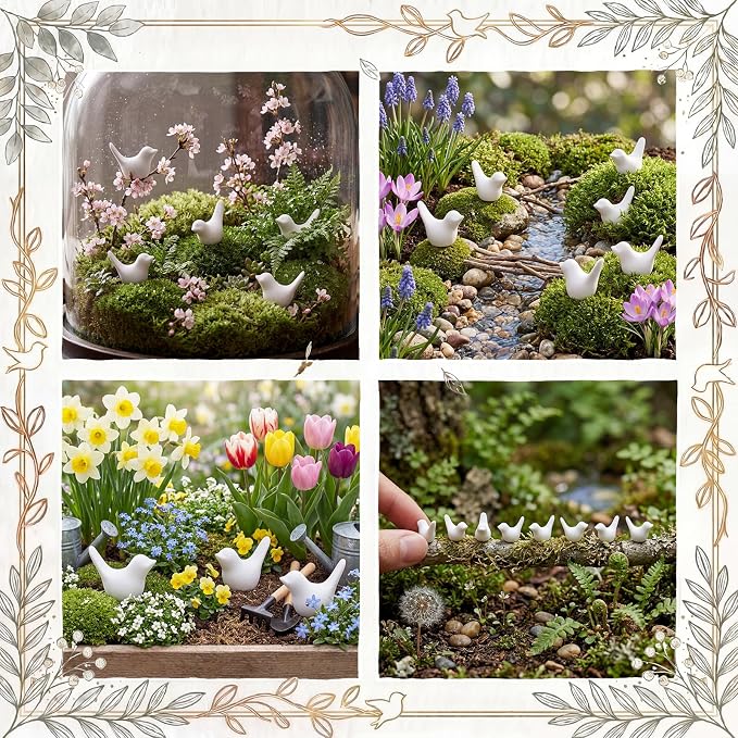 Sieral 100 Pcs White Mini Bird Figurines Miniature Resin Bird Statues Small Animal Statues Fairy Garden Accessories for Micro Garden Landscape Dollhouse Cake Potted Plants DIY Craft, 0.59" x 0.67"