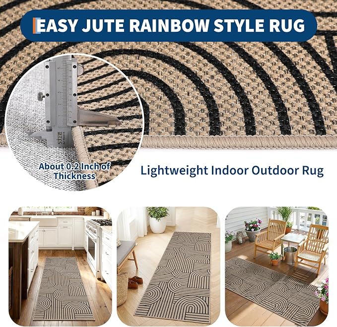 GarveeHome Rainbow Easy Jute Runner Rug 2x6 Abstract Washable Non Slip Living Room Ultra-Thin Bedroom Rug, Non Skid Backing Non Shedding Accent Carpet for Kitchen Bedroom Hallway