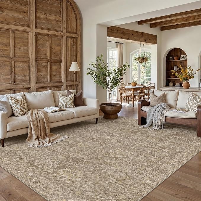 6x9 Light Brown Vintage Floral Washable Area Rug for Living Room | Low Pile, Non Slip, Retro Style, Soft Distressed Indoor Rug for Bedroom, Dining Room, Kitchen, Entrance, Home Decor