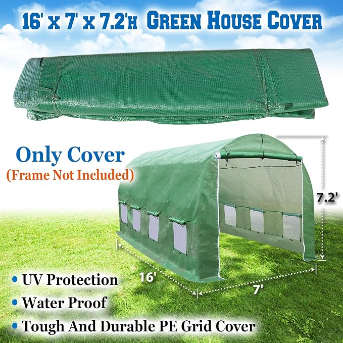 Greenhouse Replacement Covering for Outdoor Larger Hot Garden House, Support Arch Frame Climbing Plants/Flowers/Vegetables (16' X 7' X 7', Cover)