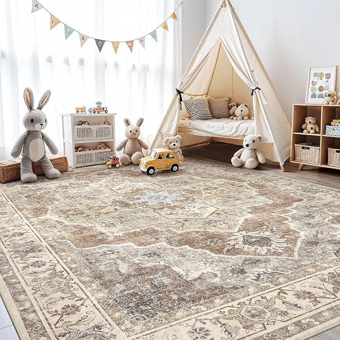 Washable Area Rug-8X10 Vintage Neutral Soft Beige Brown | Non Slip Thin Foldable Large Floor Carpet for Living Room Bedroom Kitchen Dining Room Home Office Farmhouse Indoor