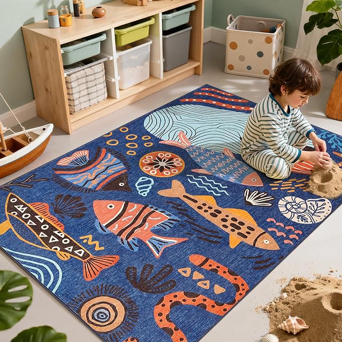 jinchan 5x7 Coastal Area Rug Kids Washable Fun Rug Colorful Ocean Fish Indoor Floor Cover Non Slip Lightweight Soft Cozy Carpet for Bedroom Nursery Playroom Daycare Living Room, Blue