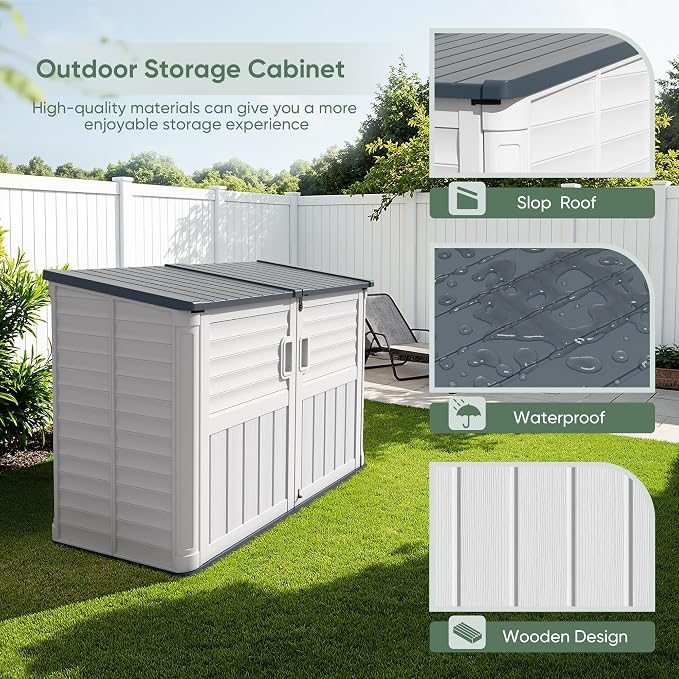 Devoko Outdoor Storage Shed, Resin, 34 Cu Ft Outdoor Storage Cabinet Without Shelf, Waterproof, Double Locks, Storage for Trash Can, Garden Tools, Pool Supplies, Beige