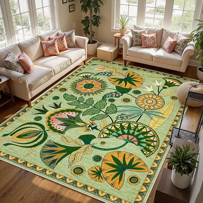 Joydeco Egypt Floral Boho Washable 8x10 Area Rug for Living Room Bedroom | Sage Green Botanical Colorful Aesthetic Large Non Slip Indoor Throw Carpet for Dining Room Nursery Guest Room Playroom Dorm