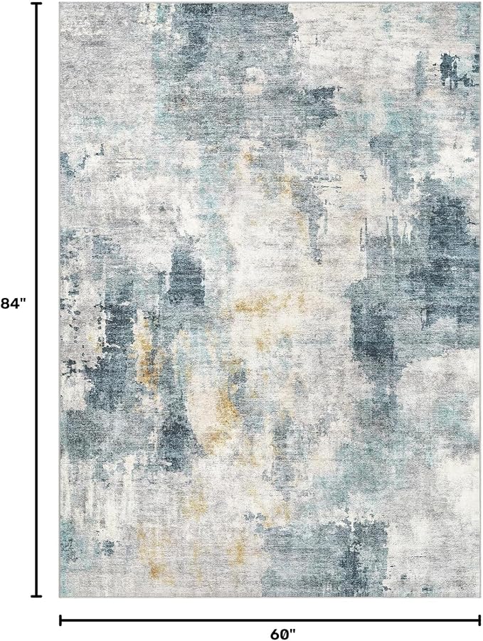 Tortania Washable 5x7 Area Rug for Living Room: Modern Abstract Neutral Large Soft Thin Rugs - Non Slip Indoor Carpet for Bedroom Dining Room Office Nursery Home Floor Decoration - Blue