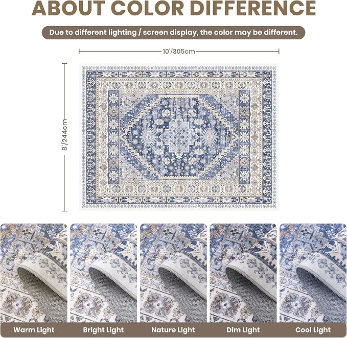 8x10 Area Rugs for Living Room,Large Washable Rug,Blue | Rugs for Bedroom,Dining Room,Office,Low Pile,Soft, Vintage Rug,Stain Resistant Indoor Carpet,Non Slip,Home Decor