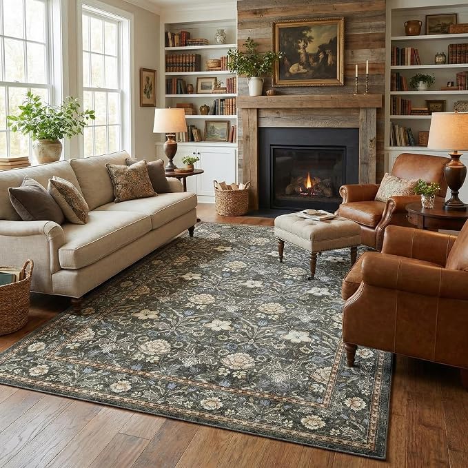 GarveeHome Washable Area Rug 5x7, Retro Floral Low Pile Non Slip Living Room Rug Soft Cottage Core Rug Farmhouse Indoor Carpet for Bedroom Dining Room Playroom