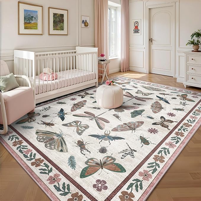 Area Rug 5x7, Insect Ultra Soft Washable Rug Non Slip with Rubber Back, Stain Resistant Rugs for Living Room, Bedroom, Dining Room, Kids Room(Pink Butterfly)
