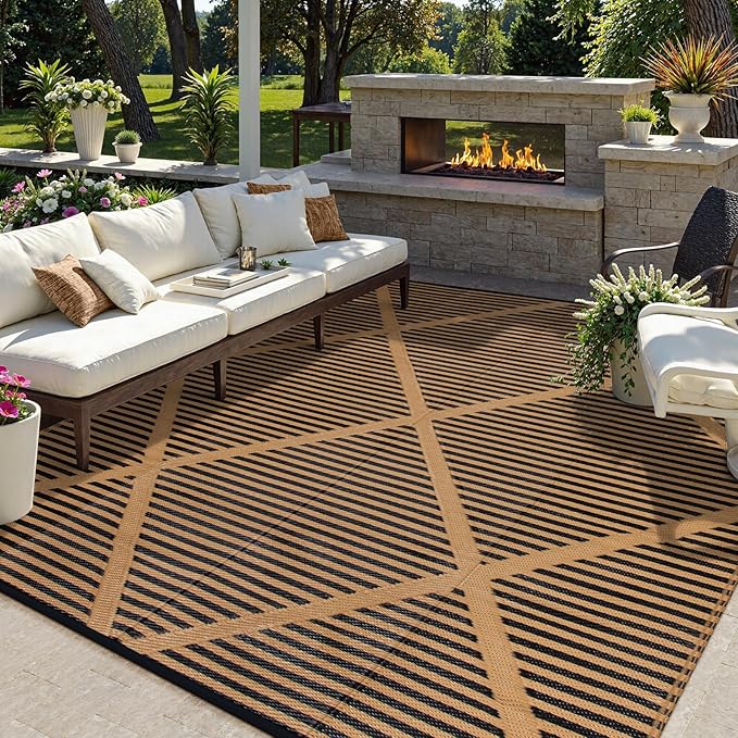 Lahome 9x12 Outdoor Plastic Straw Rug Waterproof, Neutral Reversible Outdoor Patio Rug, Large Portable Outside Camping Mats for Balcony Tent Floor Decor, Brown 9'x12'