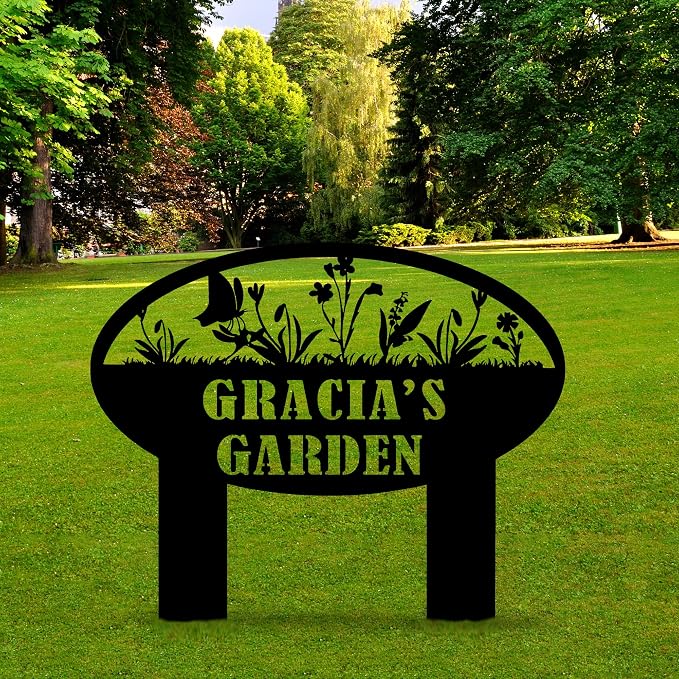Personalized Metal Garden Sign, Custom Flower Sign with Stakes, Garden Decor for Outside, Garden Family Name Sign, Outdoor Steel Yard Sign, Large Patio Garden Sign Art, Housewarming Gift