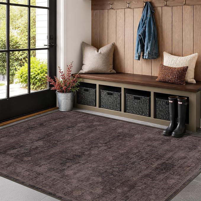 Farmhouse 4x6 Dark Taupe Brown Area Rug for Living Room, Kitchen, Entryway & Bedroom, Washable Boho Vintage Carpet with Distressed Geometric Pattern, Low Pile, Slip-Resistant, Stain Resistant