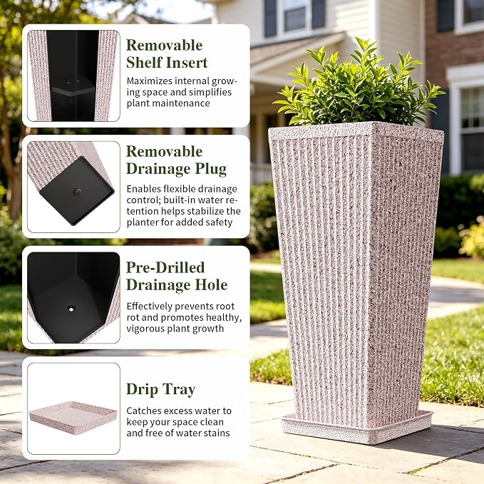 Square Tall Planters for Outdoor Plants Set of 2 - Faux Stone Fluted Large Outdoor Planters for Porch with Tray Saucers and Drainage Holes, Tall Indoor Flower Pots for Patio Garden, Red White