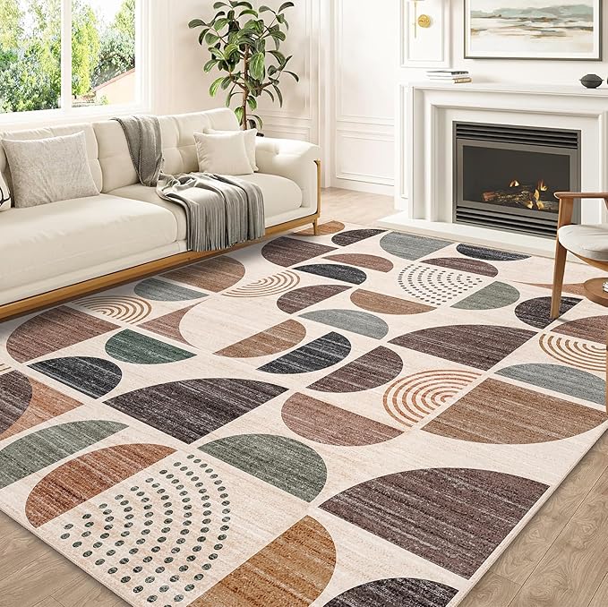 Washable Rug 8x10,Large Area Rugs Non Slip Modern Abstract | Throw Carpet for Living Room Bedroom Bedside Dining Room Boho Soft Low Pile Floor Indoor Bohemian Brown