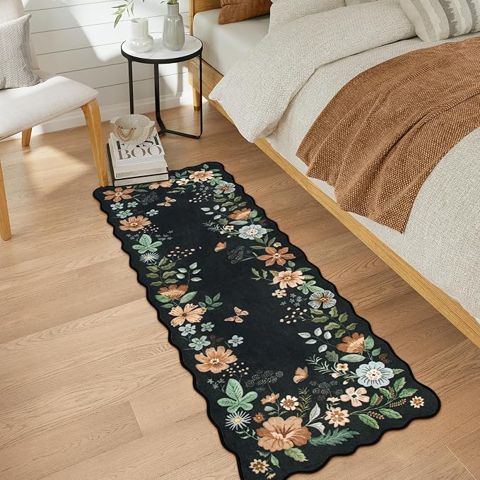 Lahome Floral Kitchen Runner, 2x5 Scalloped Washable Runner Rug Non Slip | Soft Ultra-Thin Hallway Rug Stain Resistant Boho Carpet for Laundry Bathroom Bedroom Flore Black/Grey