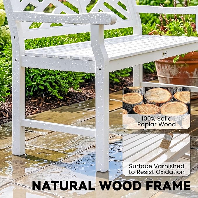 Outsunny Outdoor Garden Bench, Wooden Frame Patio Bench with Geometric Pattern, 43.25 Inch Weatherproof 2-Person Love Seat for Garden, Lawn, Porch, Yard, Work Entryway, White