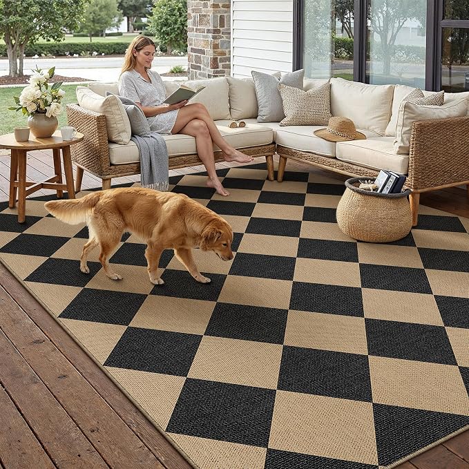 PureCozy 5x7 Checkered Easy Jute Area Rug for Living Room Checkerboard Washable Indoor Outdoor Carpet Farmhouse Patio Office Mat Geometric Non Slip Black Carpet for Backyard Dining Room
