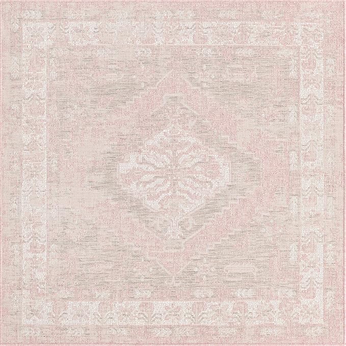 Unique Loom Outdoor Traditional Collection Area Rug - Valeria (5' 3" Square, Pink/ Ivory)