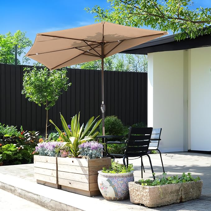 Half Umbrella Outdoor Patio Shade - 9 ft Patio Umbrella with Easy Crank - Small Canopy for Balcony, Table, or Deck by Pure Garden (Beige)