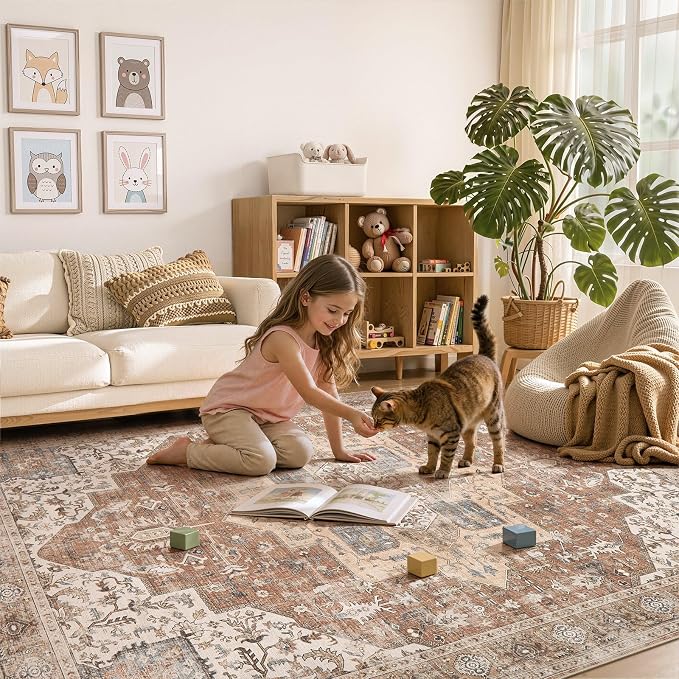 DTICON Vintage Washable 10x14 Area Rug Living Room Rugs, Brick Red | Boho Distressed, Pet & Kid Friendly, Non-Slip Backing, Soft Polyester, Low-pile Carpet for Living Room, Bedroom, Dining Room