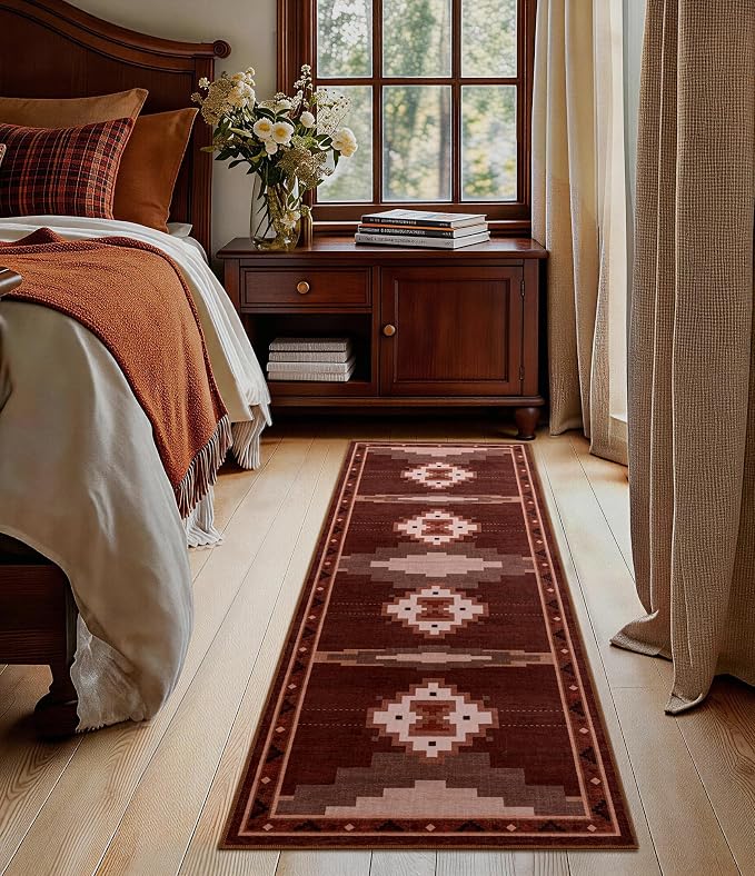 2‘x6' Washable Western Red Aztec Runner Rug for Hallway | Non-Slip, Low Pile, Stain Resistant, Southwestern Rustic Retro Long Rug for Kitchen Entryway Bedroom, Red/Brown