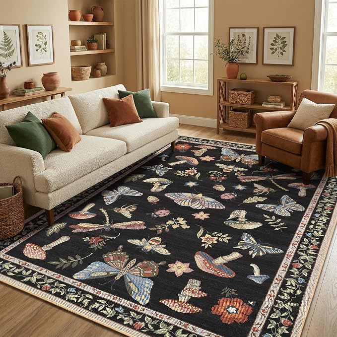 ROYHOME Mushroom Insect Washable Rug 5x7 for Bedroom Living Room Black | Playroom Nursery Office Bug Moth Cute Funky Cottage Core Whimsical Boy Carpet Low-Pile Non-Slip Stain Resistant TPE Backing